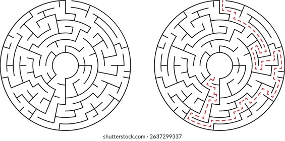 Circular maze challenge showing unsolved and solved paths for cognitive problem solving