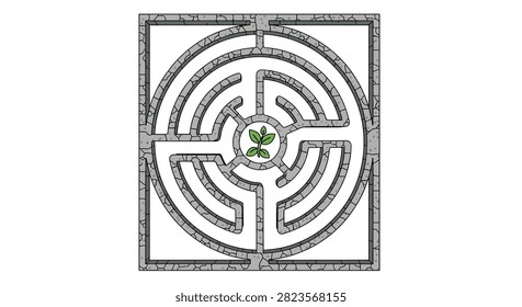 Circular maze with a cracked stone texture features a green plant growing in the central circular area surrounded by complex stone pathways.