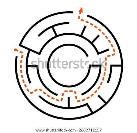 A circular maze design featuring a clear solution path in orange, ideal for puzzles and challenges.