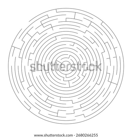 A circular maze drawn on paper with a single entrance leading from the outer edge to the center. Symmetrical paths, twists, and turns create a geometric puzzle and visual challenge.