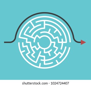 Circular maze with entrance and exit and bypass route arrow going around it. Problem and solution concept. Flat design. Vector illustration, no transparency, no gradients