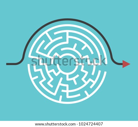 Circular maze with entrance and exit and bypass route arrow going around it. Problem and solution concept. Flat design. Vector illustration, no transparency, no gradients