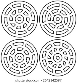 Circular maze icons. Rounded labyrinth symbol. Puzzle structure set. Vector navigation design.