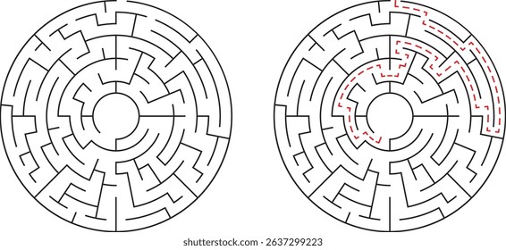 Circular maze illustration depicting problem solving and finding the correct path to a solution