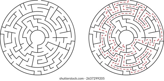 Circular maze illustration featuring solution path with red dotted lines for problem solving concepts