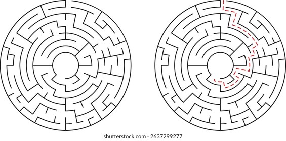 Circular maze illustration showing complexity and the marked route to the destination