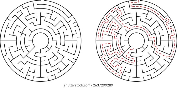 Circular maze illustration showing solution paths for strategic problem solving and cognitive exercises