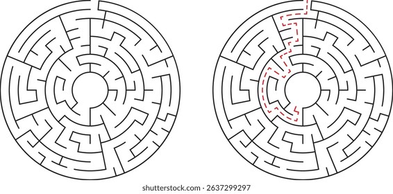 Circular maze illustration showing solved path and unsolved paths for concept of solutions