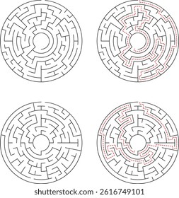 Circular Maze Illustration With Solution Path Concept For Problem Solving Challenges
