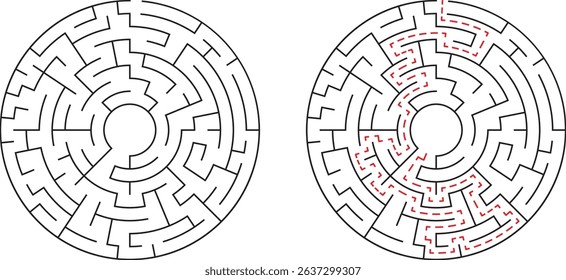 Circular maze illustration with solution path representing problem solving and decision making