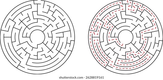 Ilustración circular del laberinto con la solución que muestra el camino a través del rompecabezas desafiante complejo