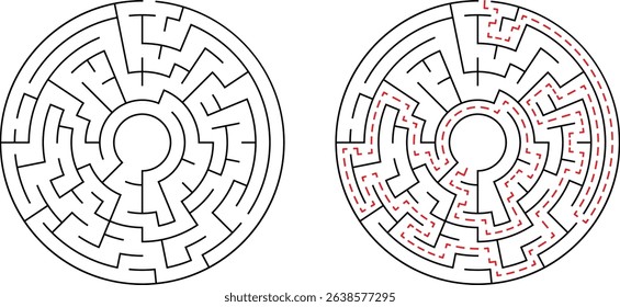 Circular maze illustration with two sides representing problem solving and solution finding