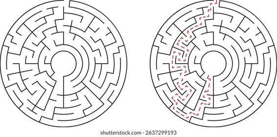 Circular maze illustration with two variations featuring unsolved and solved maze pathways