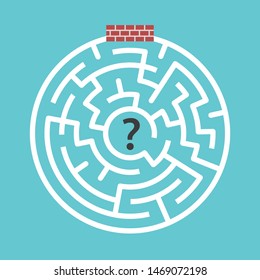 Circular maze immured, walled-up with bricks on turquoise blue background. Hopelessness, despair and difficult problem concept. Flat design. Eps 8 vector illustration, no transparency, no gradients