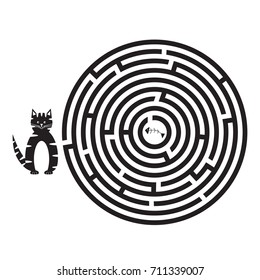 Circular maze for kids, cartoon black cat is looking for fish. Labyrinth for preschool and school kids. Logic game. Vector illustration.