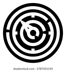 Circular maze labyrinth finding a path to its center, with an arrow guiding toward the target, representing challenges, solutions, strategy, and problem solving concepts