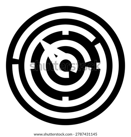 Circular maze labyrinth finding a path to its center, with an arrow guiding toward the target, representing challenges, solutions, strategy, and problem solving concepts