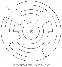Laberinto laberinto circular rompecabezas con entrada y salida clara. Laberinto redondo de línea negra mínima sobre fondo blanco para niños y adultos, hoja de cálculo imprimible, rompecabezas educativo y rompecabezas lógico