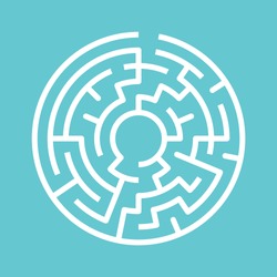 Circular Maze On Turquoise Blue. Game, Way, Problem, Decision, Confusion And Challenge Concept. Flat Design. EPS 8 Vector Illustration, No Transparency, No Gradients