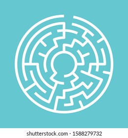 Circular maze on turquoise blue. Game, way, problem, decision, confusion and challenge concept. Flat design. EPS 8 vector illustration, no transparency, no gradients