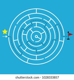 Circular Maze With One Way To Entrance And One Way To Exit. Flat Design, Vector Illustration.