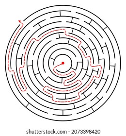 A circular maze with a path from the center to the exit on a white background. Problem, confusion and solution concept. Flat design. EPS 8 compatible vector illustration, no transparency, no gradients