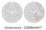 Circular Maze. Puzzle Game labyrinth. with the path marked by the red line. Vector illustration.