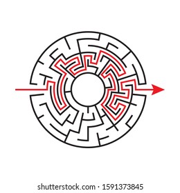 Circular Maze. Puzzle Game labyrinth. with the path marked by the red line. Vector illustration.