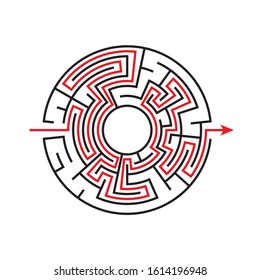 Circular Maze. Puzzle Game labyrinth. with the path marked by the red line. Vector illustration.