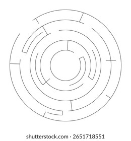 Circular maze puzzle with paths 2D line object. Logic game. Complexity, problem-solving. Complex route. Labyrinth circle isolated clipart vector ink outline item. Monochrome spot illustration