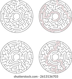 Circular Maze Puzzle Set With Solution Paths Illustrated In Red Dotted Lines