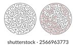 Circular maze puzzle with solution path. Fun logic game, maze challenge featuring start and finish points. Isolated labyrinth design.