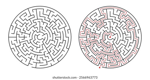 Circular maze puzzle with solution path. Fun logic game, maze challenge featuring start and finish points. Isolated labyrinth design.