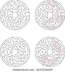 Circular Maze Puzzle With Solution Paths Black And Red On White Background
