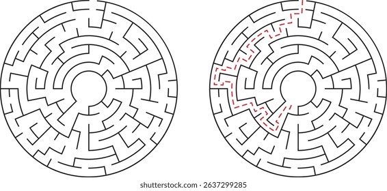 Circular maze puzzle unsolved and solved with red dashed path finding the solution