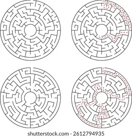 Circular Maze Puzzles With Solution Examples Black And White Vector Illustration Set