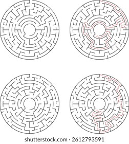 Circular Maze Set With Solution Line Art Illustrations Puzzle Challenge Template