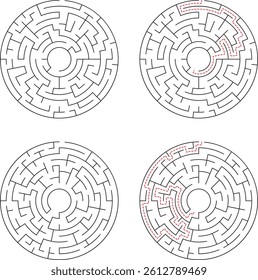 Circular Maze Set With Solution Path And Without Complex Circular Labyrinth