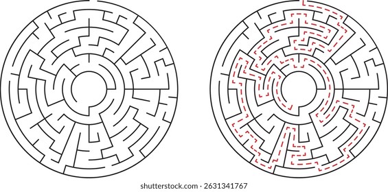Circular maze with solved path showing correct route for problem solving and finding solution