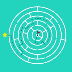 Circular Maze With Way From Center To Exit On Turquoise Green Background. Flat Design, Vector Illustration.