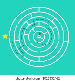 Circular Maze With Way From Center To Exit On Turquoise Green Background. Flat Design, Vector Illustration.