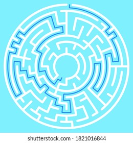 laberinto circular con salida de centro a salida sobre fondo azul turquesa. Problema, confusión y concepto de solución. Diseño plano
