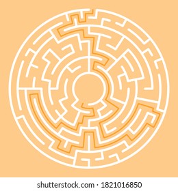 Circular maze with way from center to exit on turquoise blue background. Problem, confusion and solution concept. Flat design