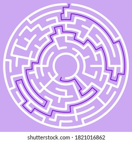 Circular maze with way from center to exit on turquoise blue background. Problem, confusion and solution concept. Flat design