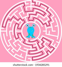 Circular maze with way from center to exit on turquoise blue background. Problem, confusion and solution concept. Flat design.