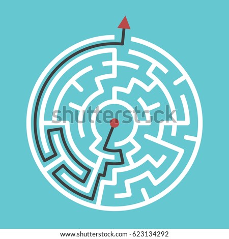 Circular maze with way from center to exit on turquoise blue background. Problem, confusion and solution concept. Flat design. EPS 8 compatible vector illustration, no transparency, no gradients