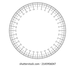 Escala circular de medición. División de un círculo en grados. Segmentos de círculo de 0 a 360.