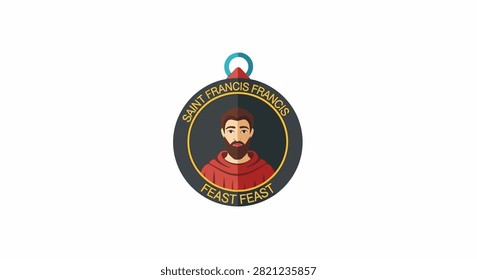 A circular medal design featuring a portrait of Saint Francis of Assisi with the text Saint Francis Feast surrounding the image on a dark background