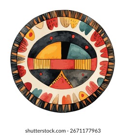 Un medallón circular con Formas geométricas en rojo, amarillo, azul y negro, rodeado por un borde de inspiración tribal con un efecto de acuarela texturizada.