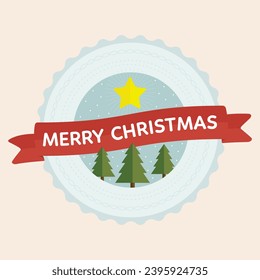 Circular Merry Christmas badge with red ribbon, green pine trees, snow and star vector flat art